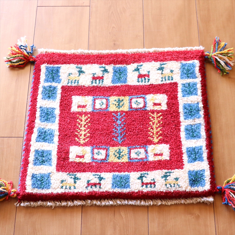 ギャッベ　座布団37×44cm レッド　タイル枠