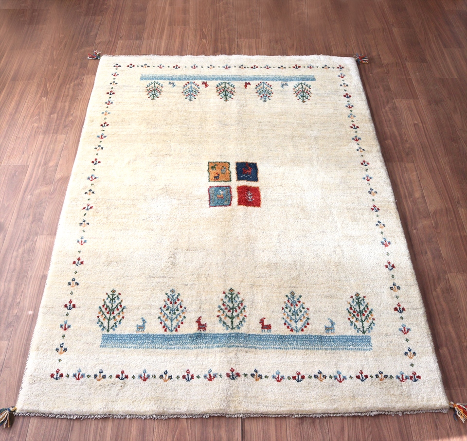 ギャッベ イラン製手織り230×162cm ナチュラルアイボリー　生命の樹