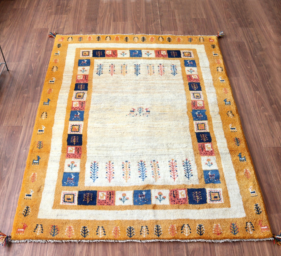 ギャッベ　スタンダードな織り198×150cm ナチュラルアイボリー＆イエロー　タイル