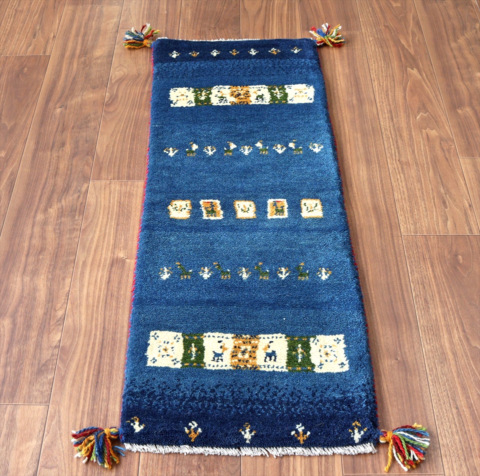 ギャッベ　ランナー116×40cm ブルー　タイル
