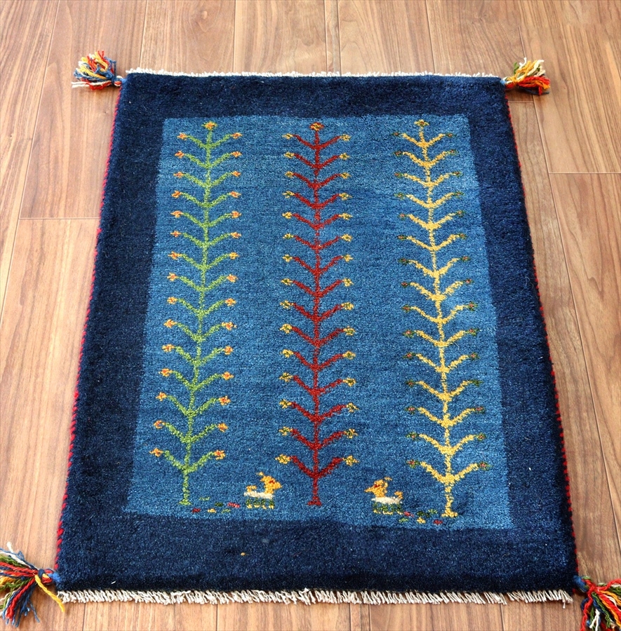 ギャッベ　玄関マット85×62cm ブルー　ツートーン　生命の樹と山羊
