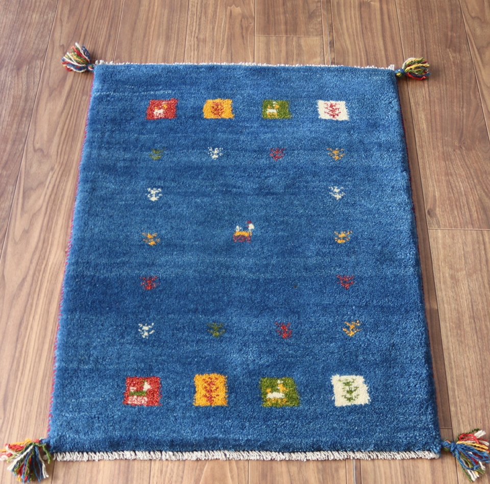 ギャッベ イラン製手織りラグ85×63cm ブルー　タイル