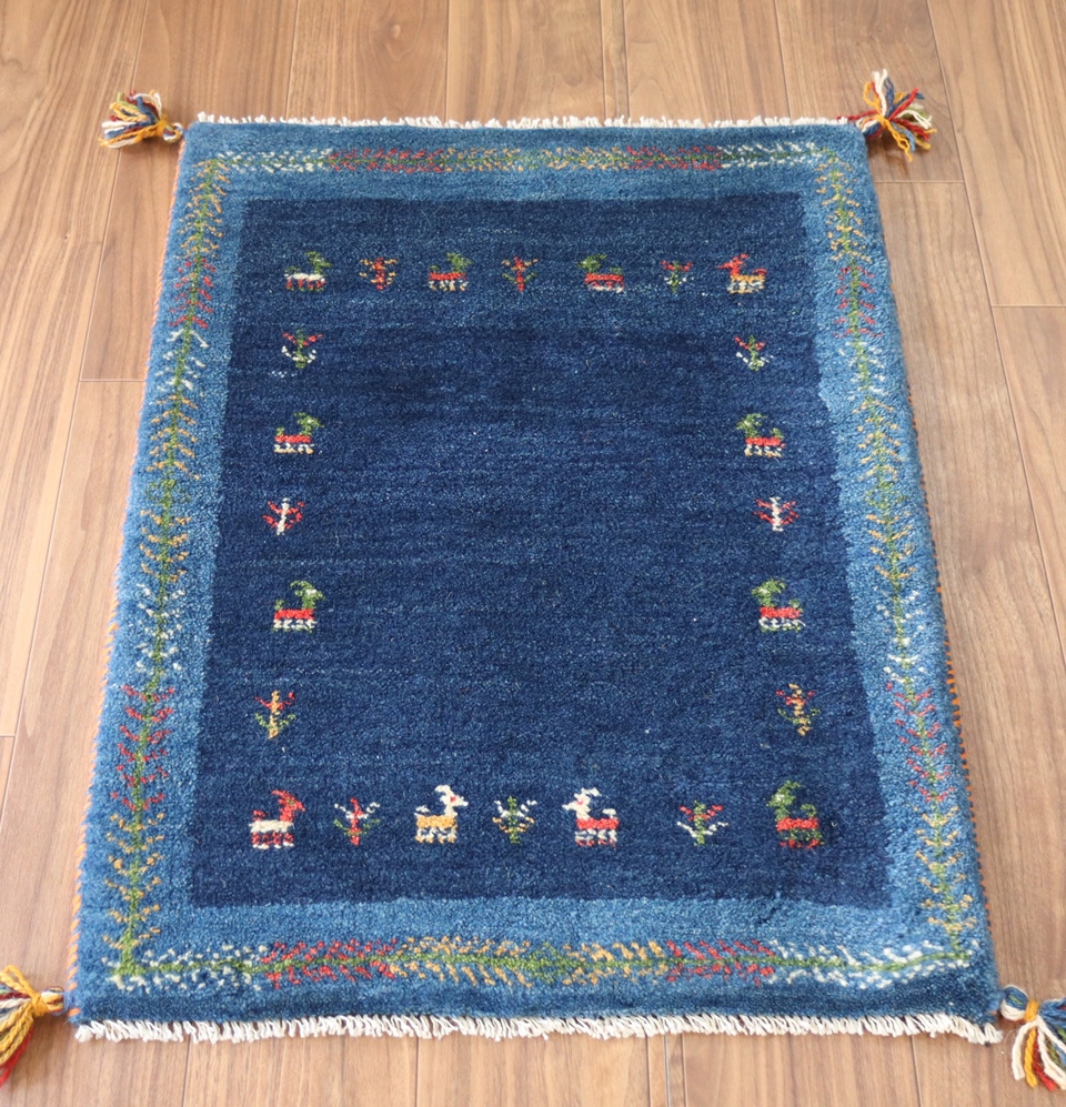 ギャッベ　玄関マット86×63cm ネイビー＆ブルー