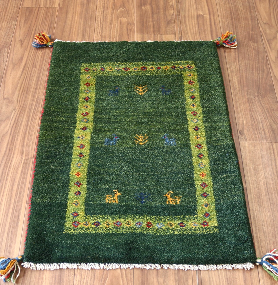 ギャッベ　GABBEH　玄関マット88×60cm グリーン　ライトグリーンのボーダー