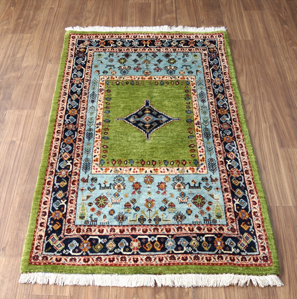 ギャッベ　Luribaft/ルリバフ163×101cm 緻密な織り　ライムグリーン＆ライトブルー　メダリオン