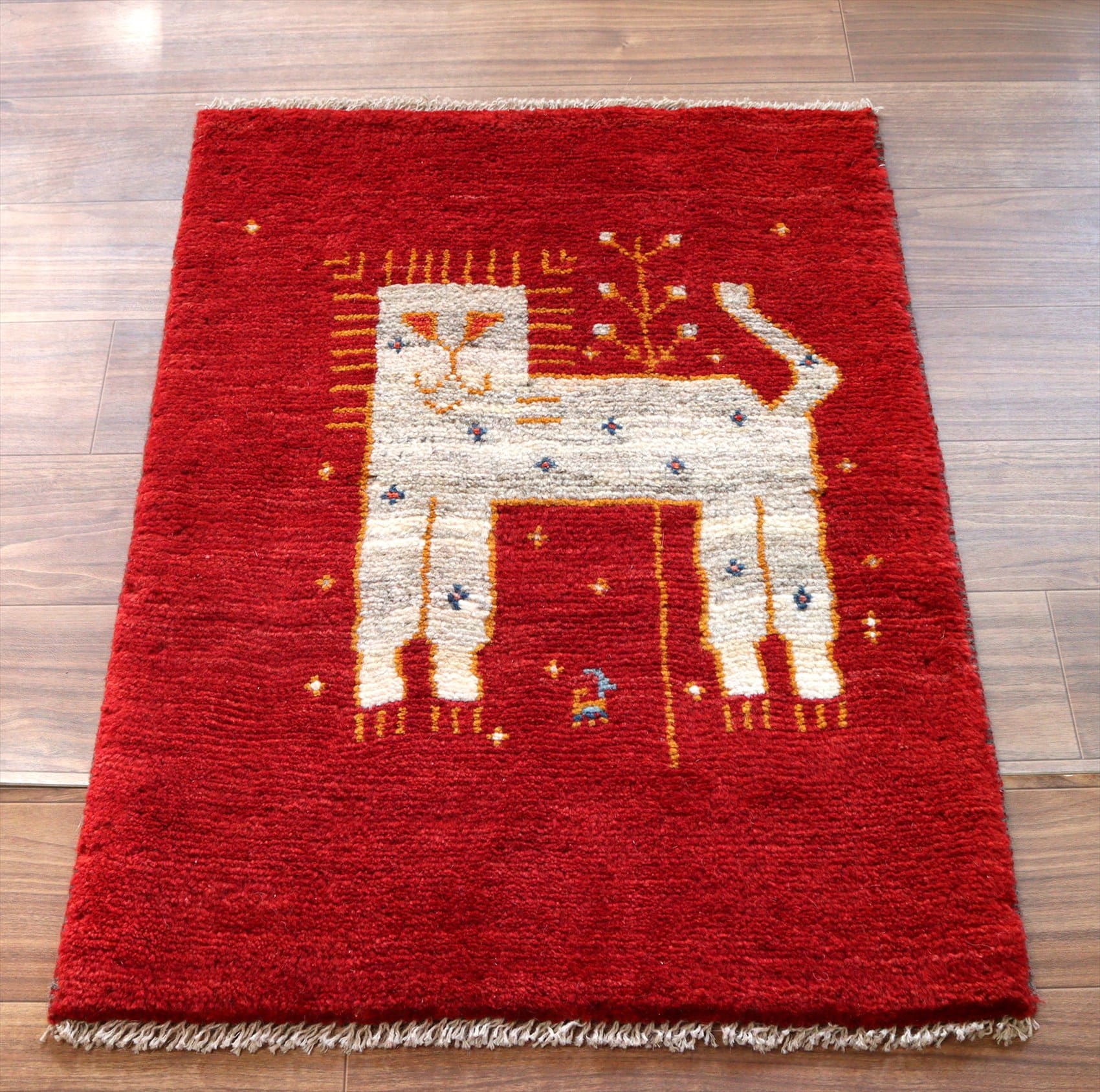 ライオンギャッベ　90×63cm 玄関マット　レッド　爪の長いライオン