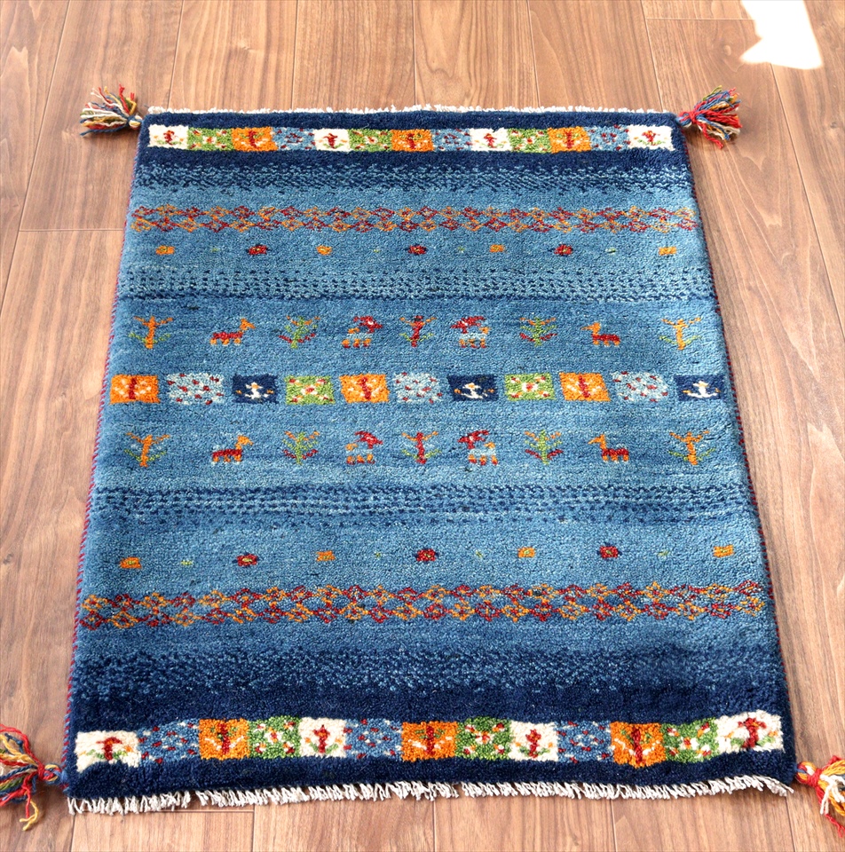 ギャッベ　玄関マット88×65cm ブルー　タイル