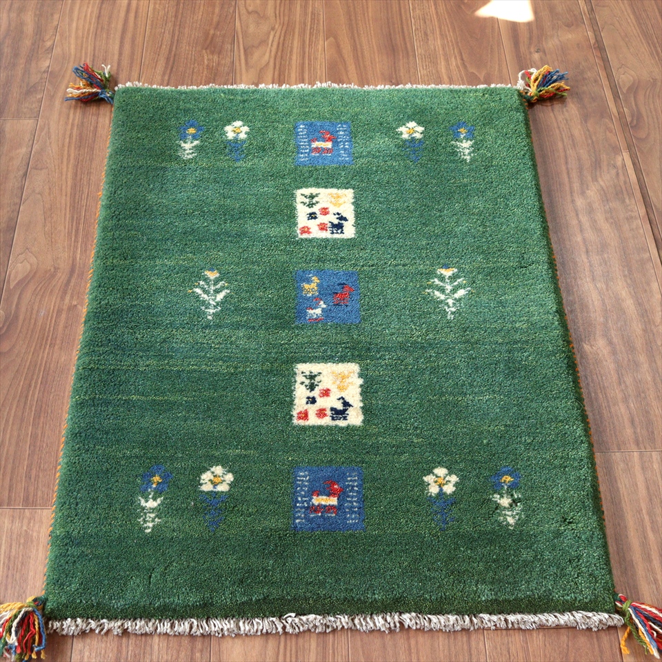 ギャッベ　玄関マット90×65cm グリーン　タイル