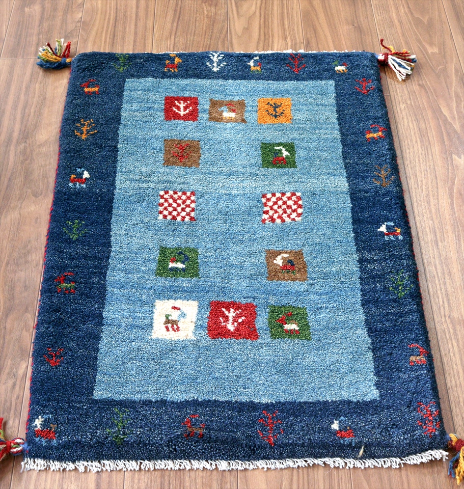 ギャッベ　玄関マット86×58cm ブルー　ネイビーのボーダー