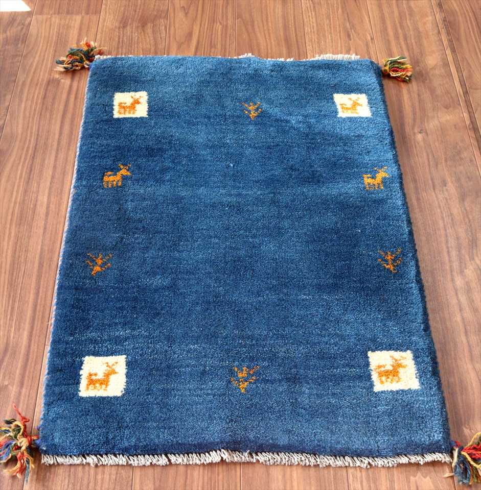 ギャッベ　玄関マット88×60cm ブルーグラデーション　タイル