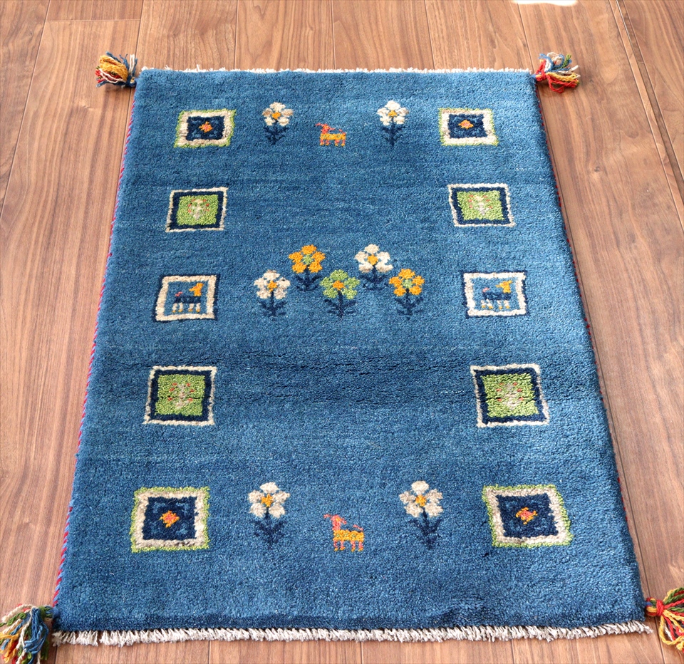 ギャッベ　玄関マット91×60cm ブルー　フラワーモチーフ