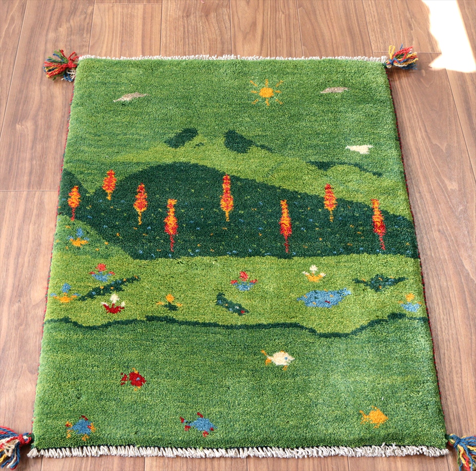 ギャッベ　玄関マット86×65cm グリーン　自然風景