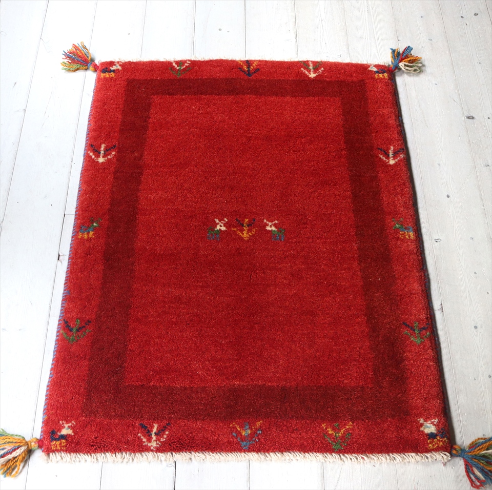 ギャッベ　玄関マット87×63cm レッド　ボーダー