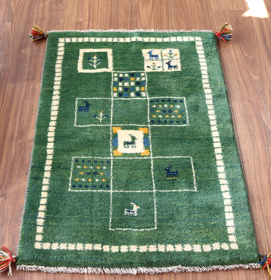 ギャッベ　玄関マット90×63cm グリーン　タイル