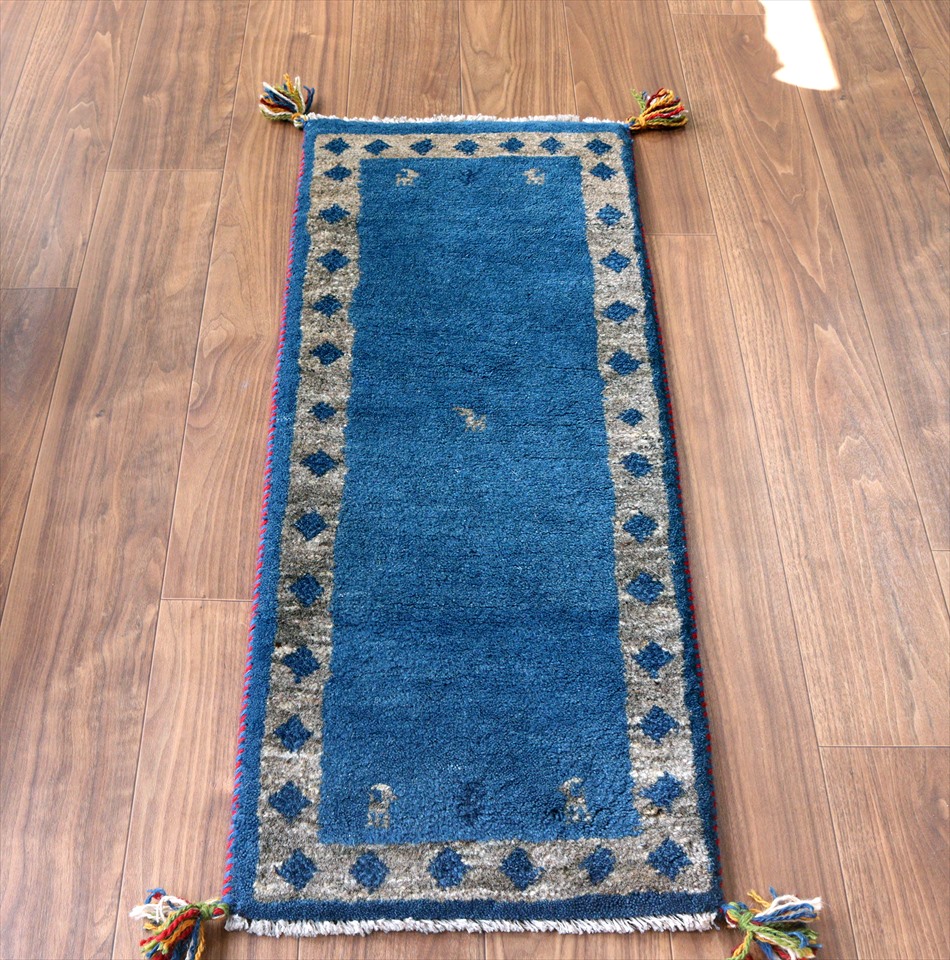 ギャッベ　細長ランナー113×43cm ブルー＆グレー　ひし形