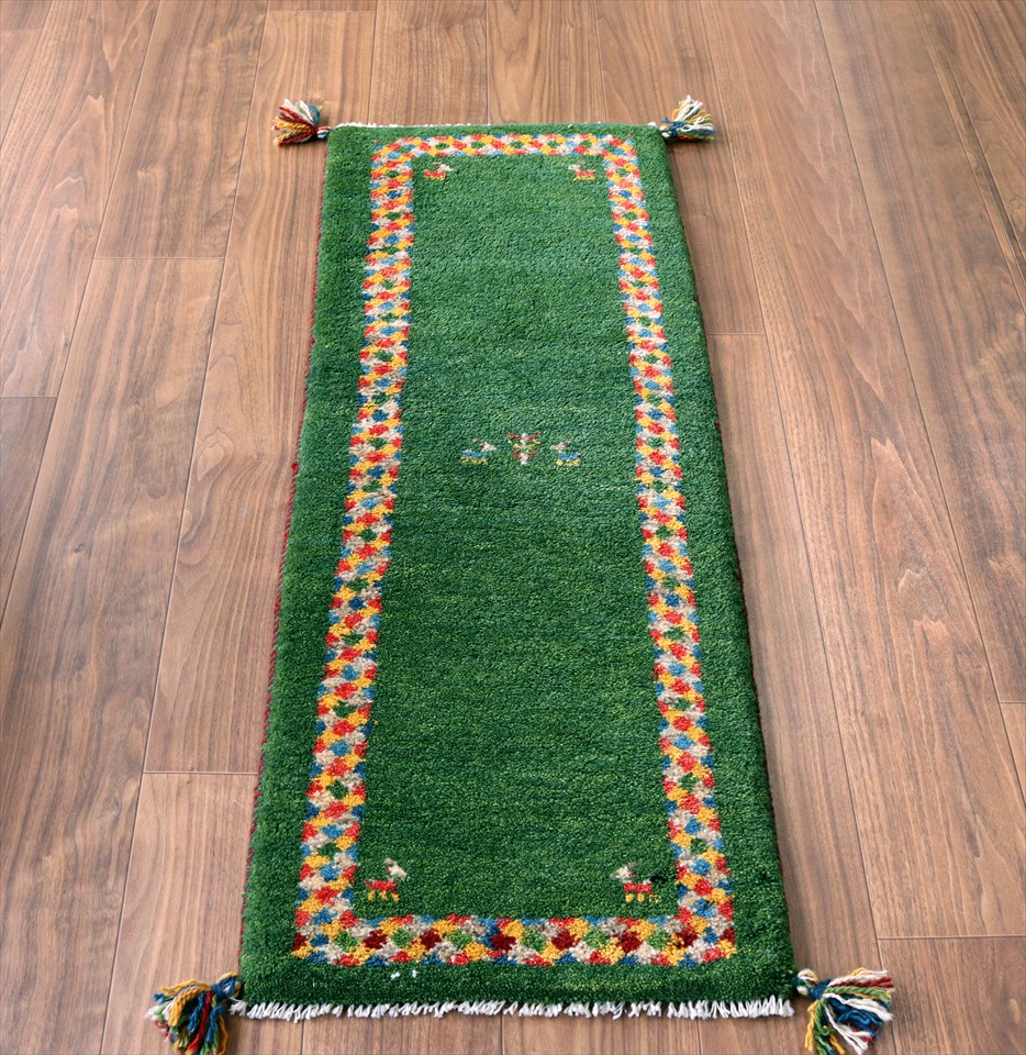 ギャッベ　イラン製ラグ117×44cm グリーン　色鮮やかなひし形のボーダー