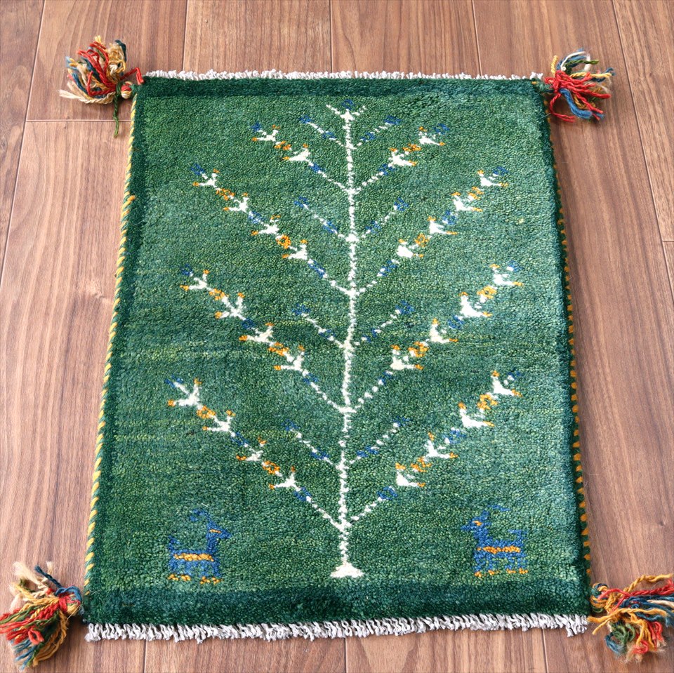 ギャッベ Gabbeh イラン製59×41cm グリーン　生命の樹