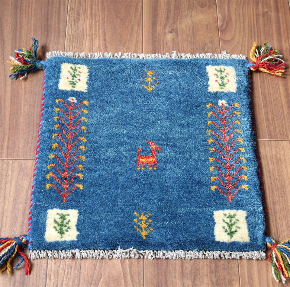 ギャッベ 座布団40×38cm ブルー　タイル