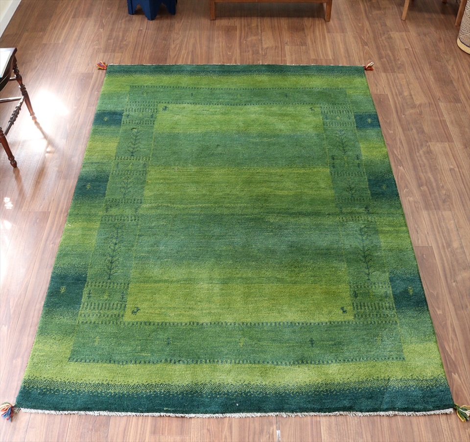 ギャッベ　イラン製手織り237×167cm グリーン　スクエア