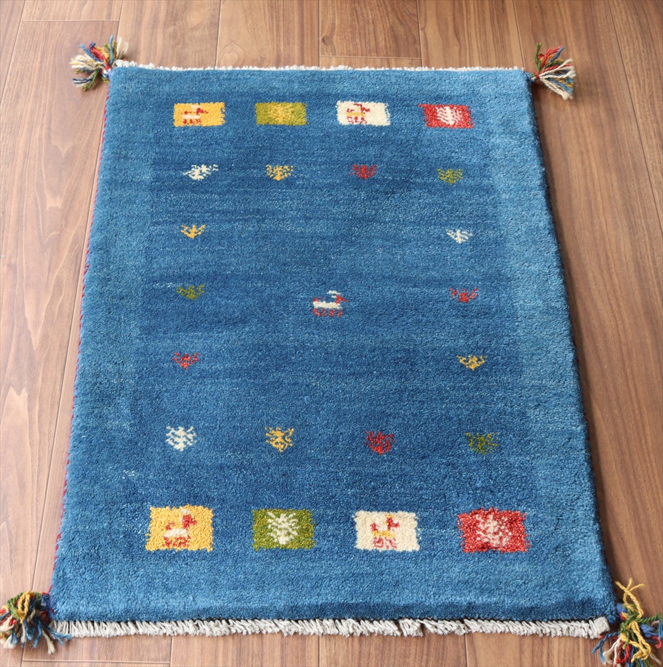 ギャッベ 玄関マット イラン製84×61cm ブルー　タイル