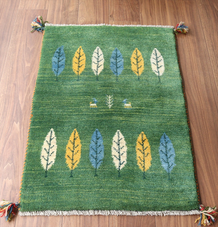 ギャッベ 玄関マット イラン製90×62cm グリーン　糸杉の樹