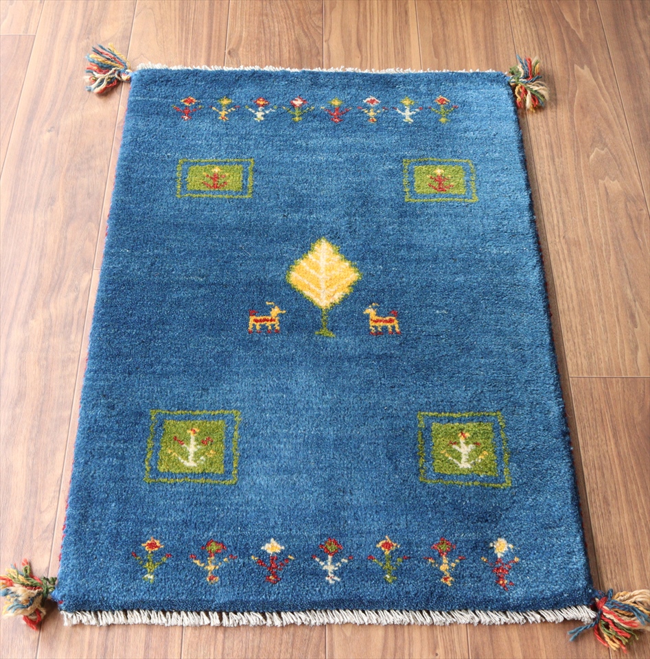 ギャッベ 玄関マット イラン製83×58cm ブルー　タイル　生命の樹