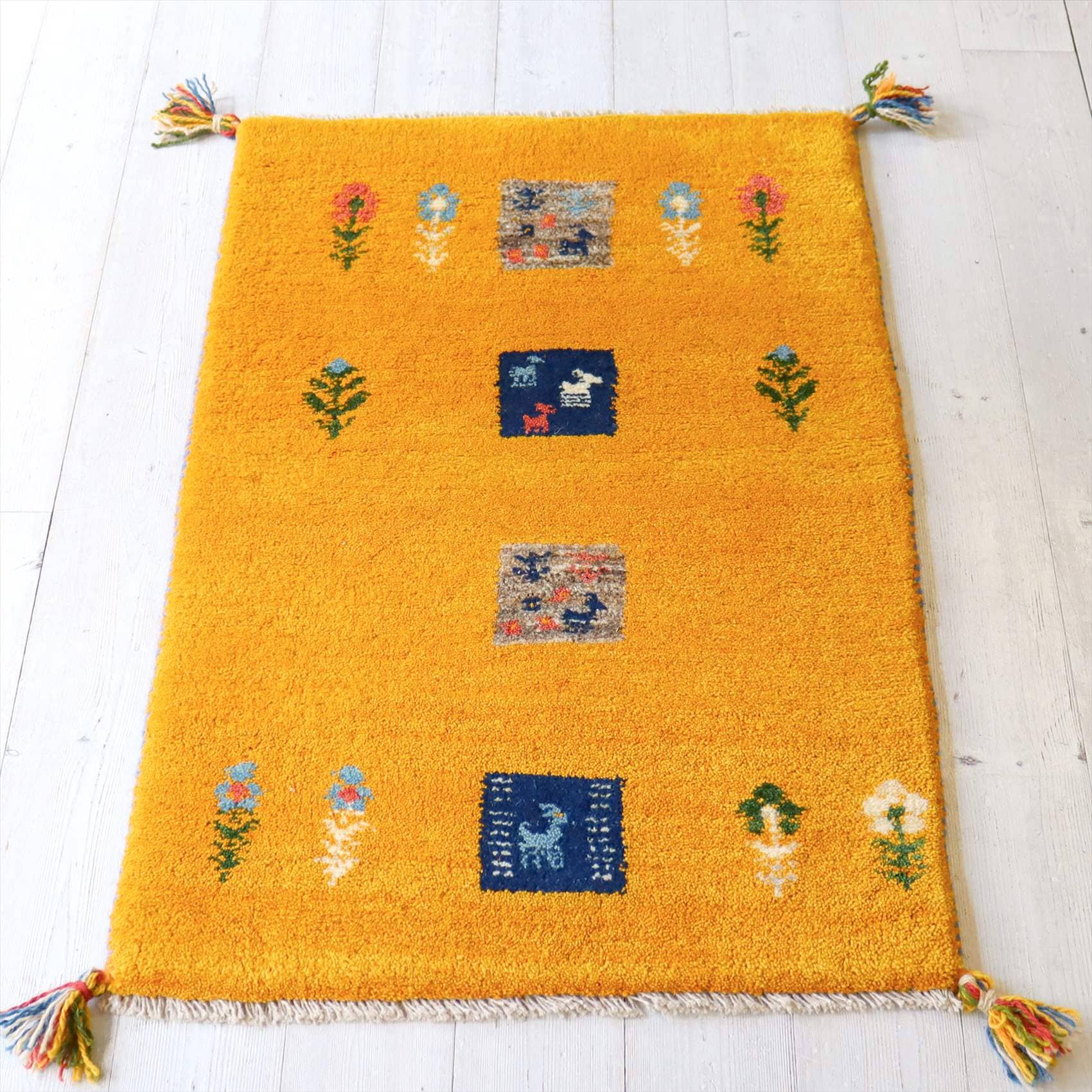 ギャッベ 玄関マット イラン製88×60cm オレンジ　フラワー