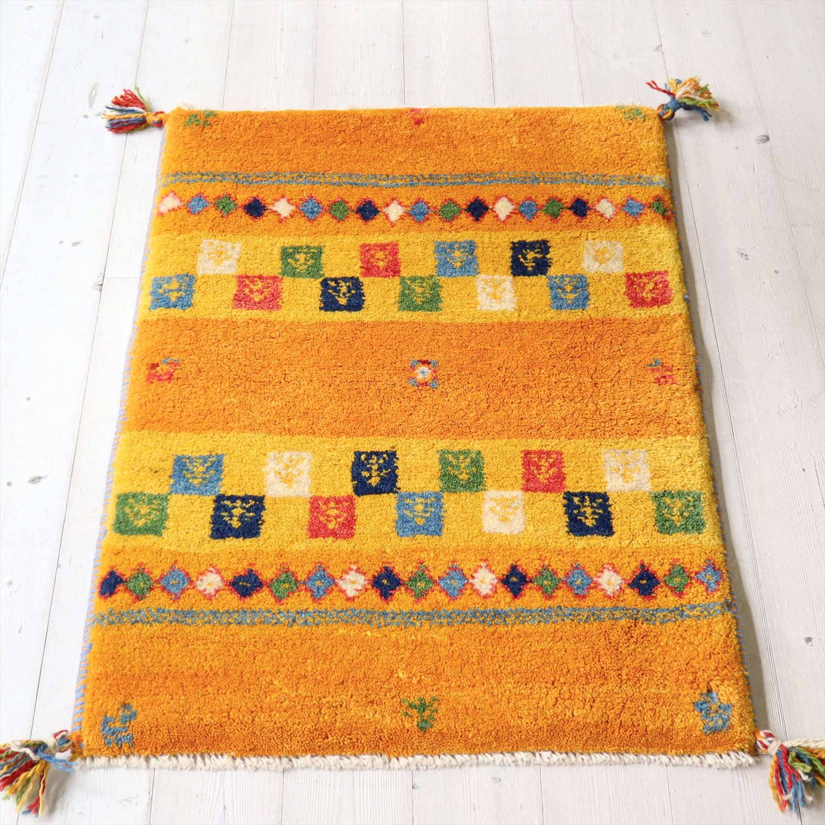 ギャッベ 玄関マット イラン製88×62cm オレンジ　イエロー　カラフルタイル