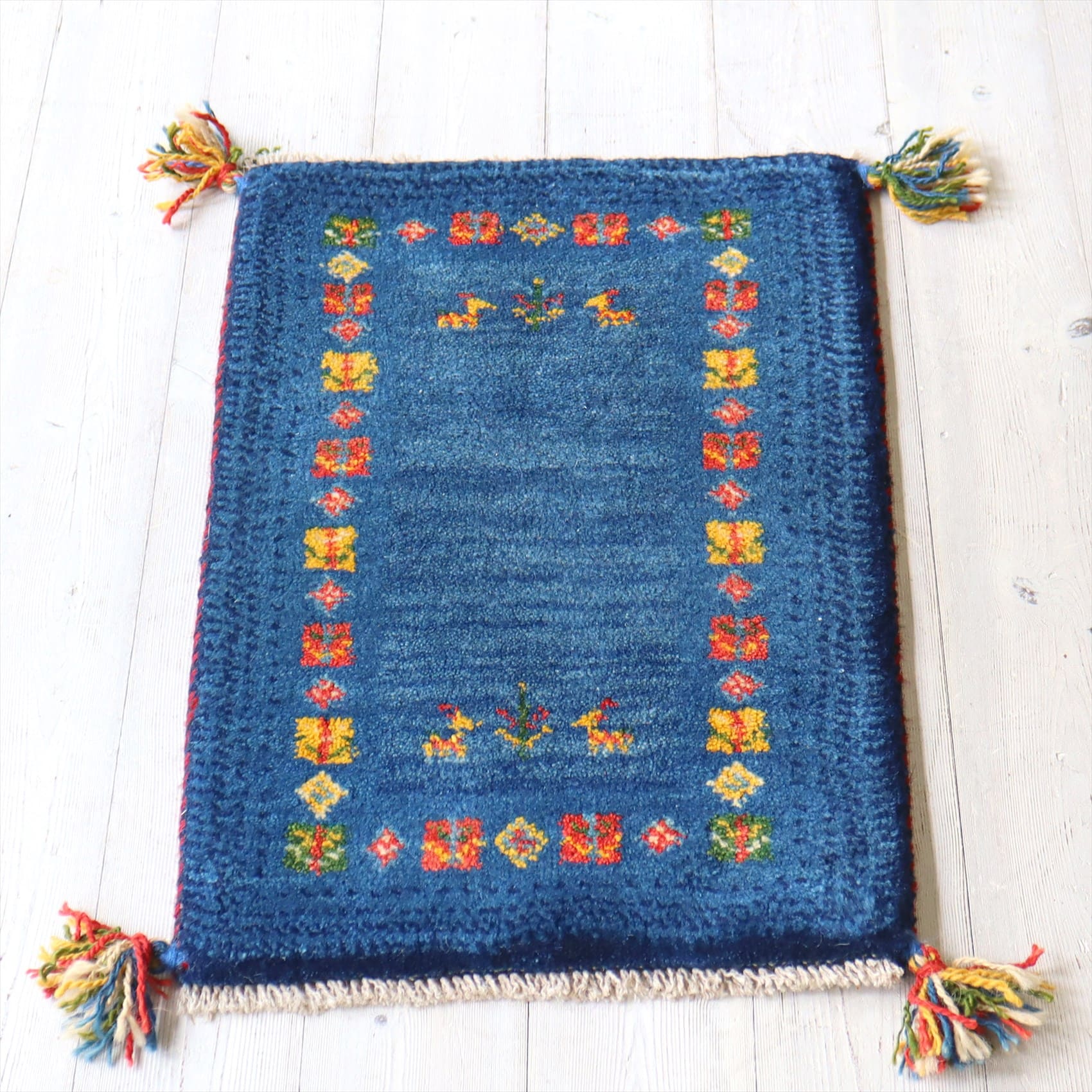 ギャッベ　ミニサイズ61×38cm ブルー　カラフルな植物