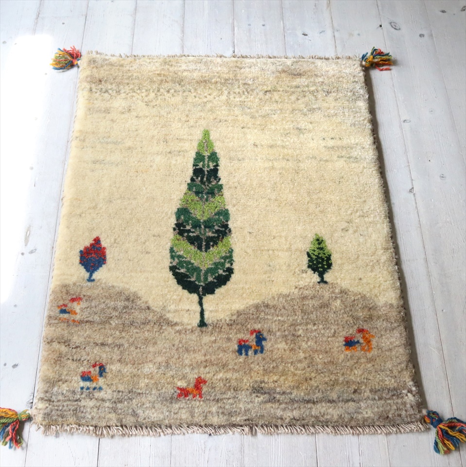 ギャッベ 玄関マット イラン製 85×60cm ナチュラルアイボリー グレー 糸杉とヤギ 自然風景