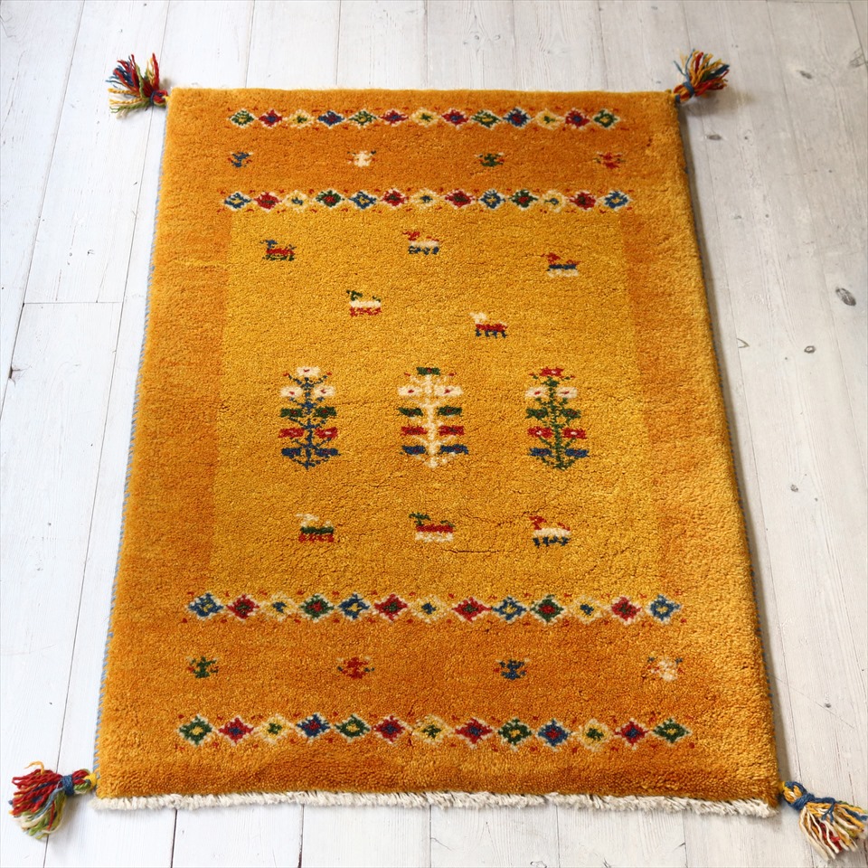 ギャッベ 玄関マット イラン製 90×62cm オレンジ カラフルな花と動物