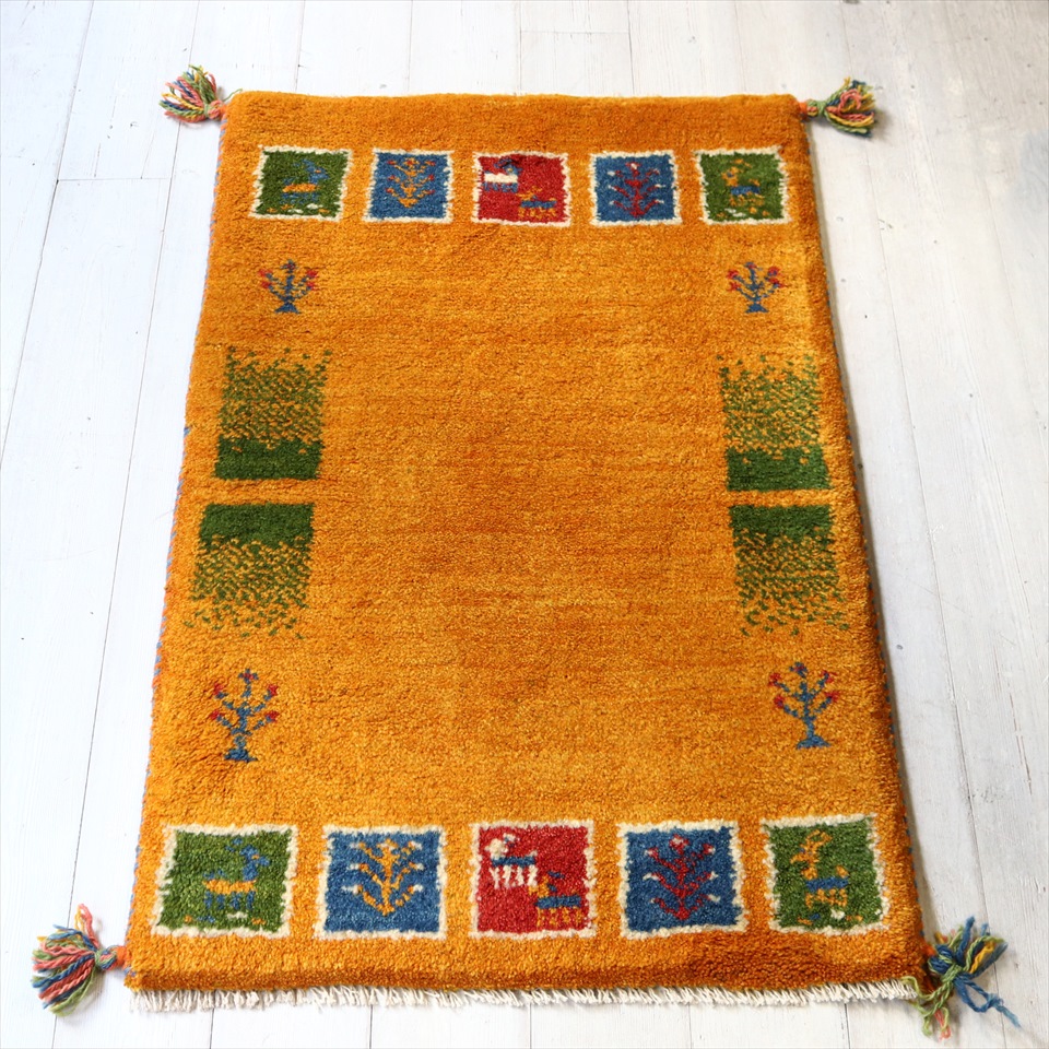 ギャッベ 玄関マット イラン製 88×57cm オレンジ カラフルな縁取り