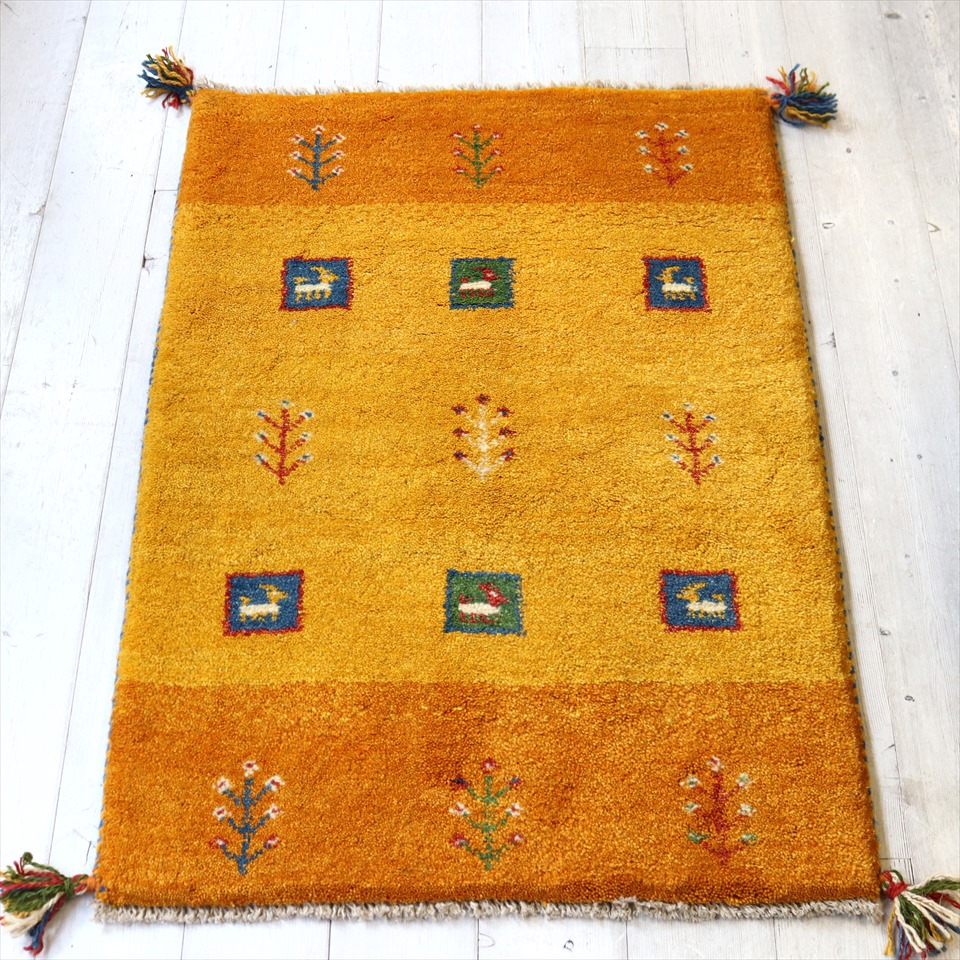 ギャッベ 玄関マット イラン製 88×60cm イエロー オレンジ ボーダー タイル