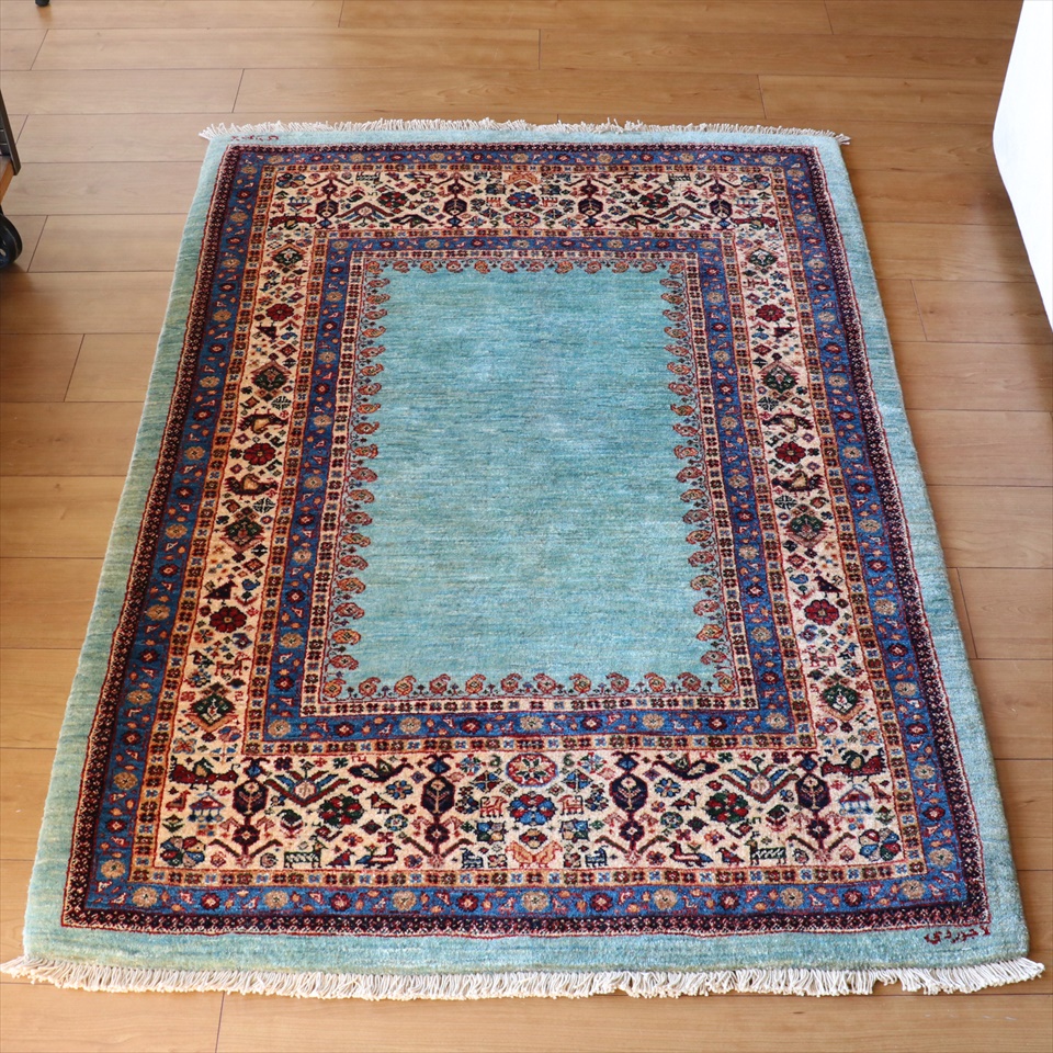 ギャッベ　Luribaft/ルリバフ150×105cm トルコブルー　小さなモチーフのボーダー