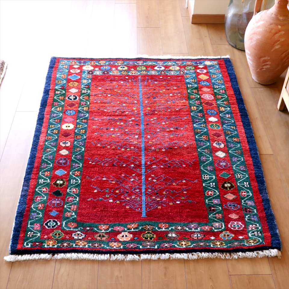 ギャッベ カシュカイ族のじゅうたん122×98cm レッド　小さな葉をつけた生命の樹