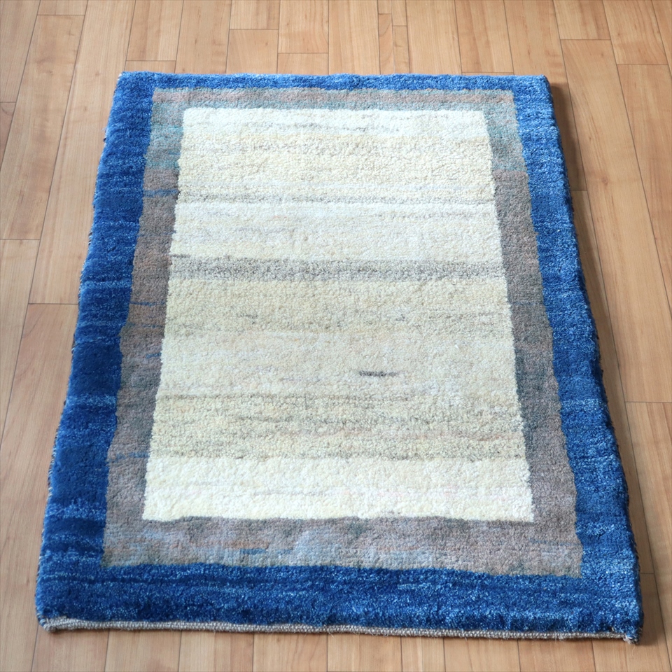 玄関マットサイズギャッベ90×63cm ナチュラル　ブルー＆グレー