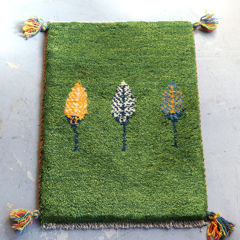 ミニギャッベ イランの手織りラグ GABBEH 57x40cm グリーン ３本の糸杉