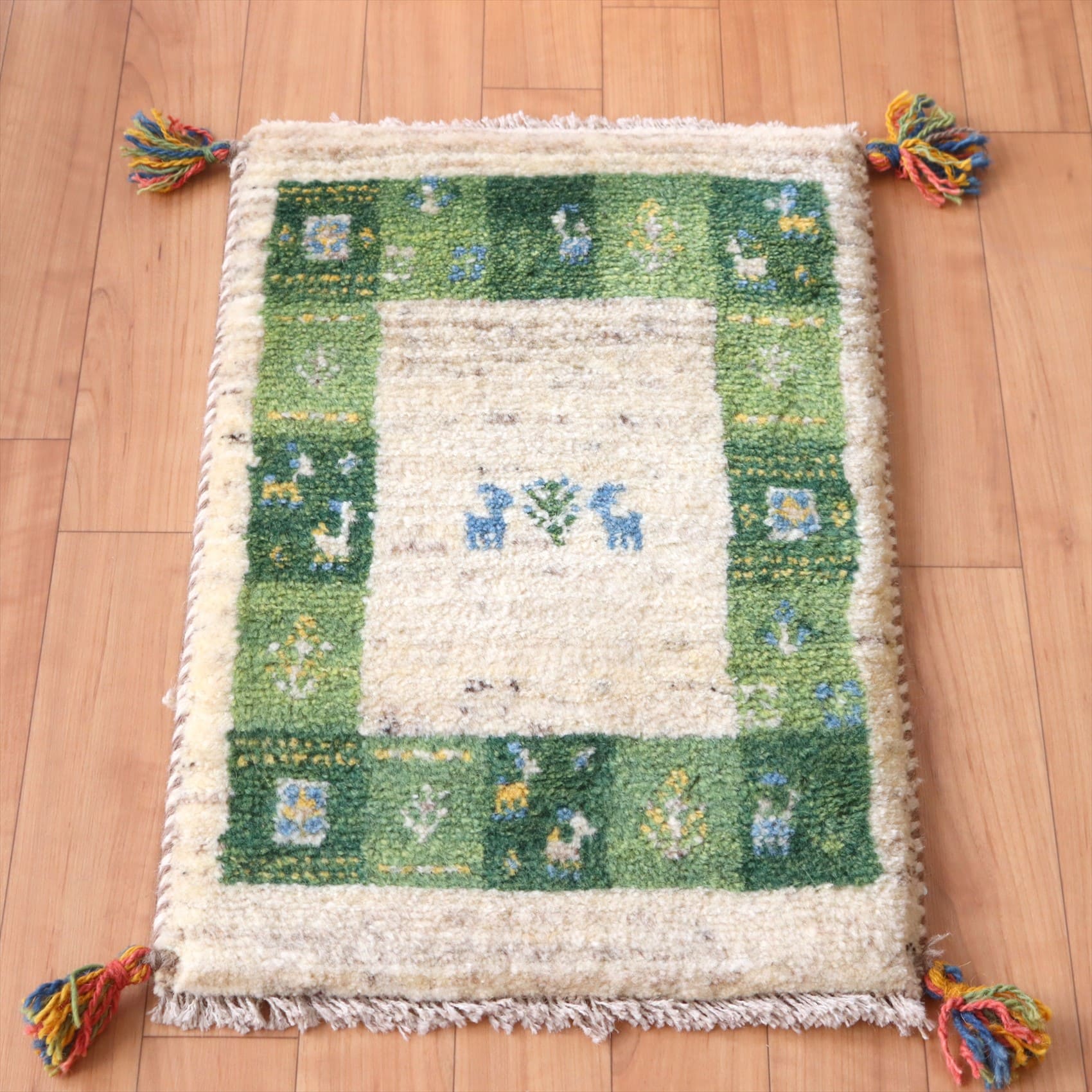 ギャッベ ミニサイズ59×38cm アイボリー&グリーン