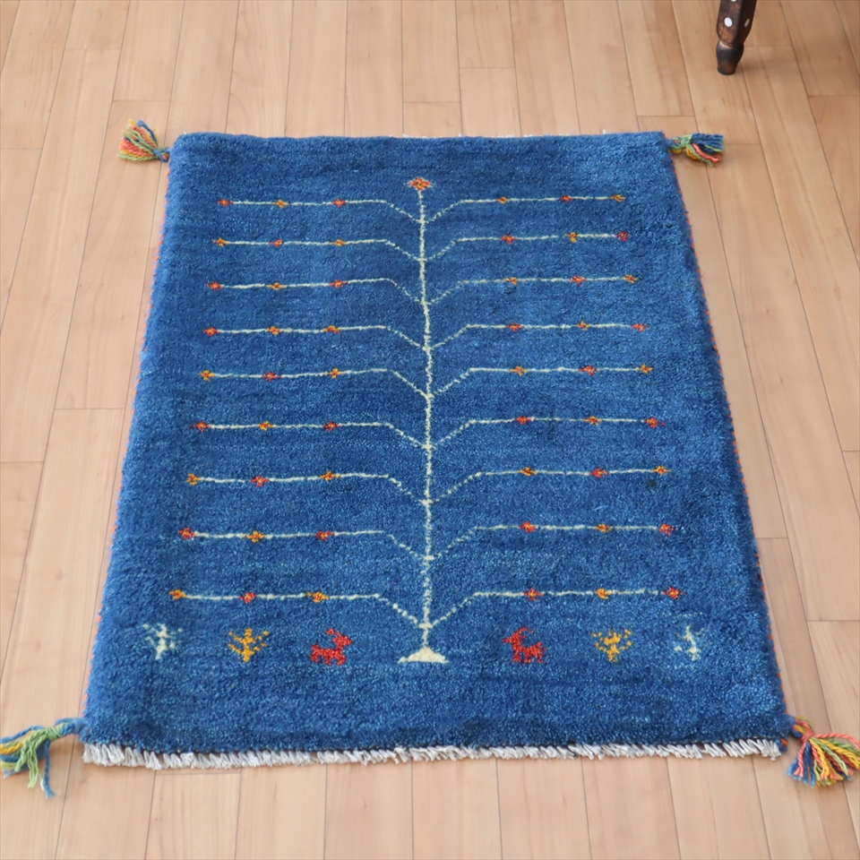 ギャッベ 玄関マット88×63cm 明るいブルー 生命の樹