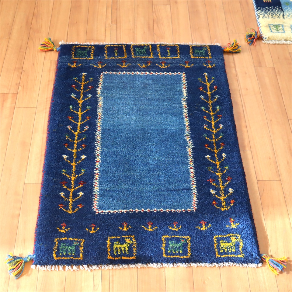 ギャッベ 玄関マット90×62cm ブルーのツートーン