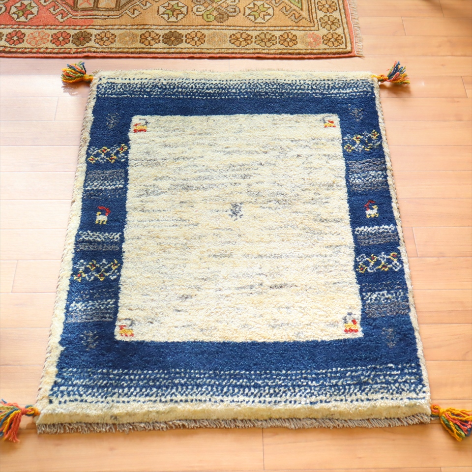 ギャッベ 玄関マット85×60cm ナチュラルアイボリー　/　ブルー