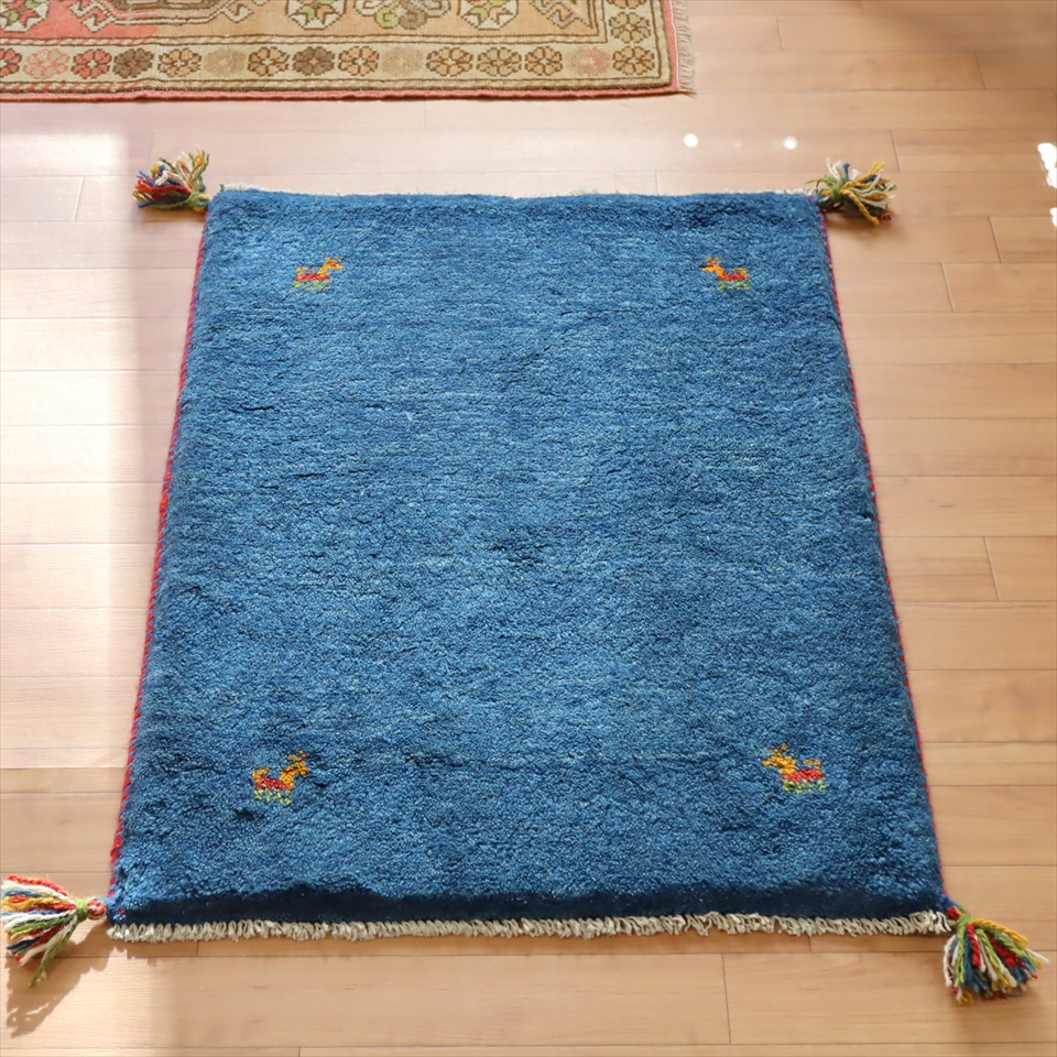 ギャッベ 玄関マット88×62cm ブルー　シンプル