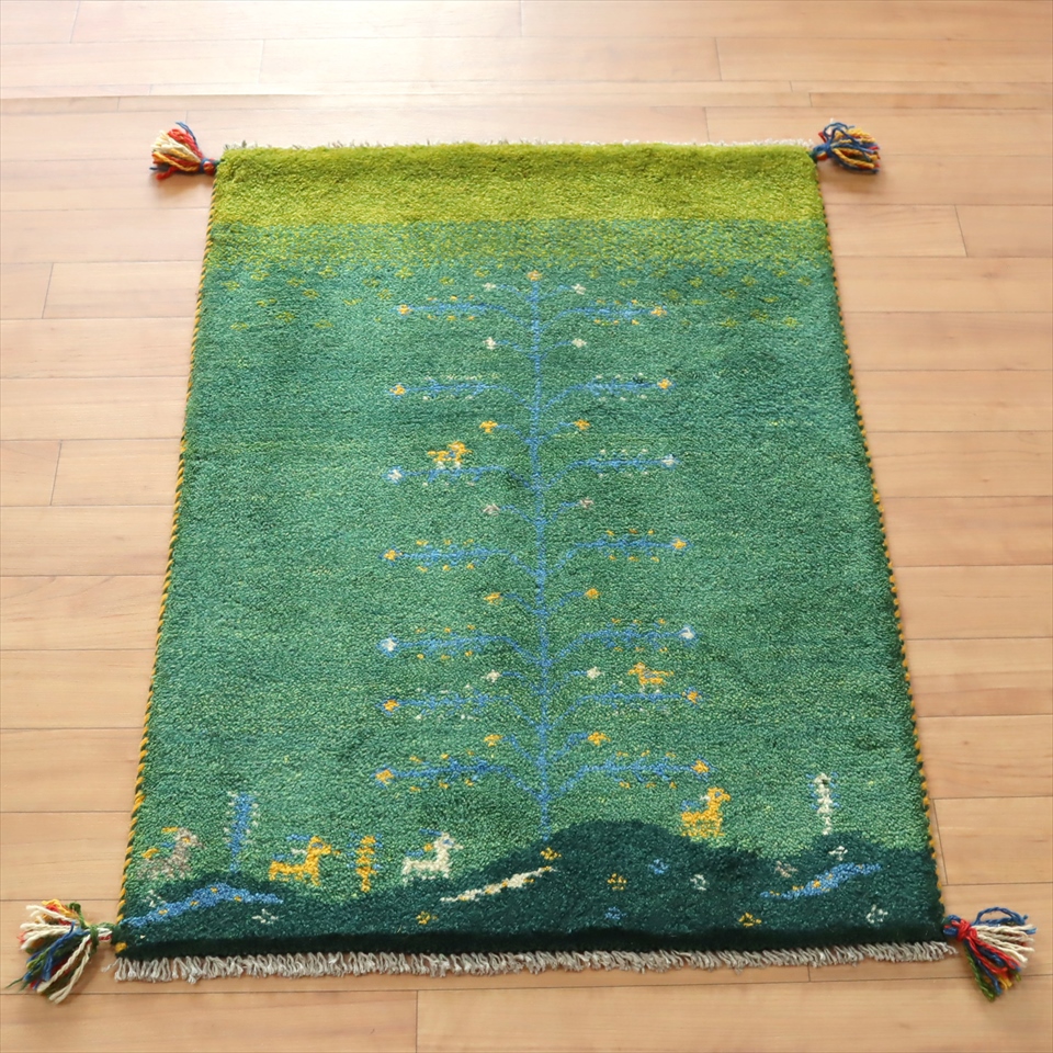 ギャッベ 玄関マット90×62cm グリーン　生命の樹