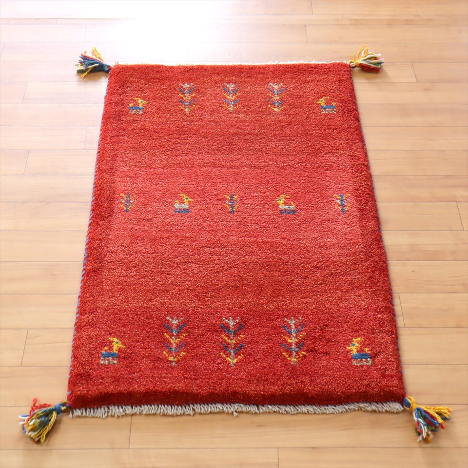 ギャッベ 玄関マット88×58cm レッド　動物と植物