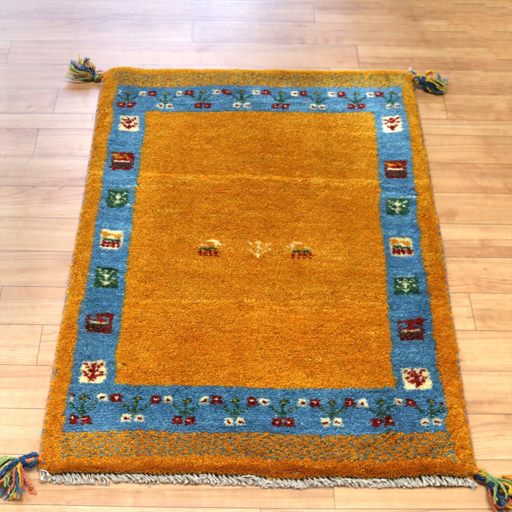 ギャッベ 玄関マットサイズ86×60cm オレンジ/ライトブルー