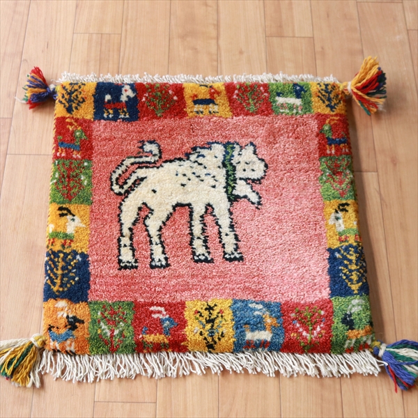 ギャッベ ライオンラグ　ピンク/カラフル42×42cm 横顔がユニークなライオン