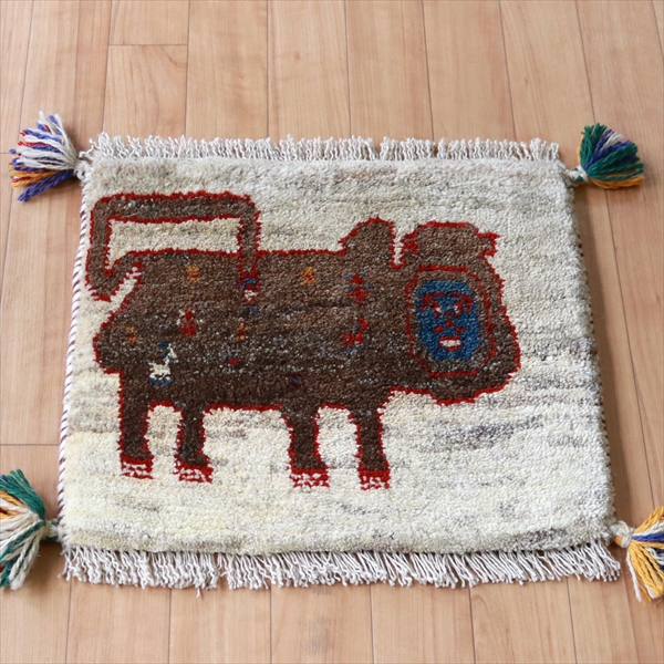 ギャッベ ライオンラグ　グレー38×43cm ユニークな人面ライオン