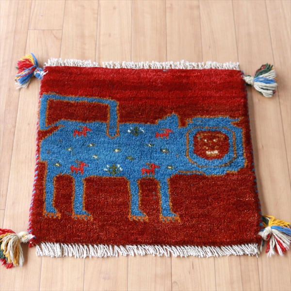 ギャッベ ライオンラグ　レッド39×41cm ユニークな人面ライオン