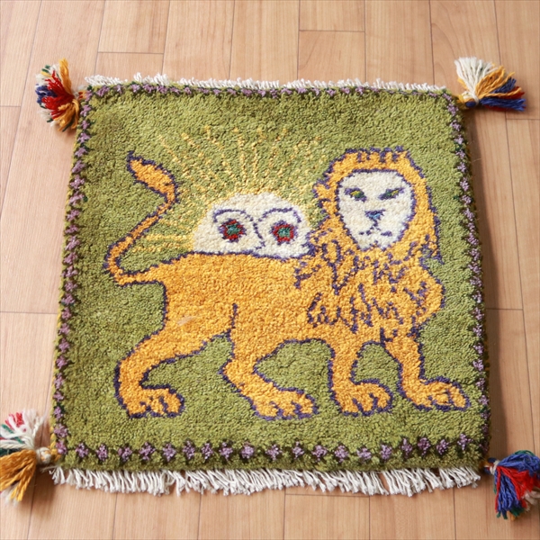 ギャッベ ライオンラグ　グリーン43×41cm 太陽を背にしたライオン