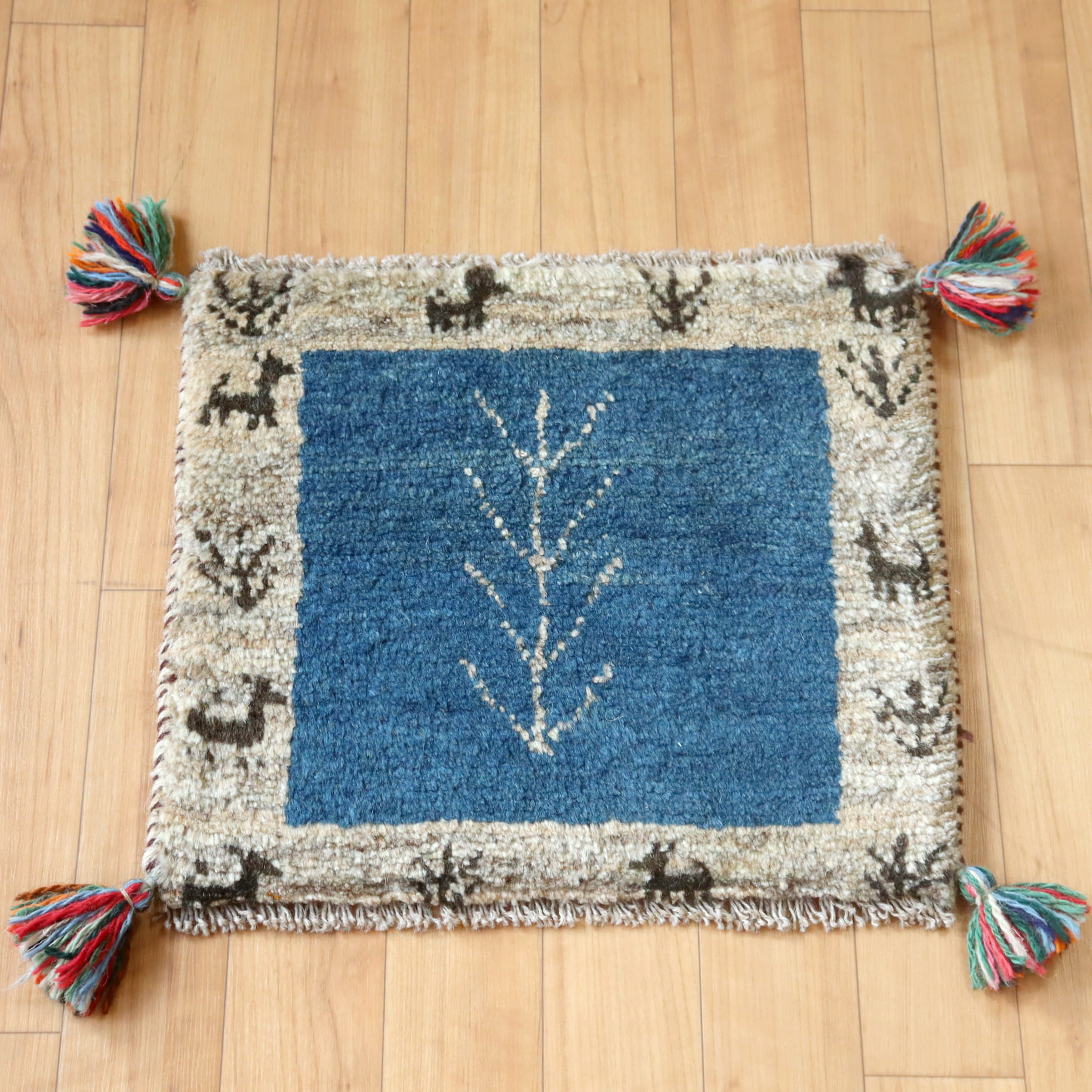 ギャッベ イラン産 座布団サイズ  ブルー　ナチュラルグレー